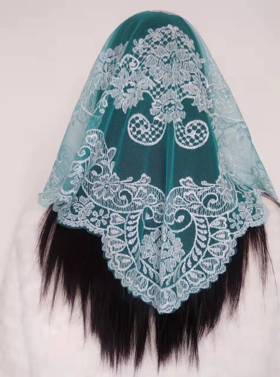 

Green Embroidery Rayon Triangular Veil Lace Chapel Shawl Lace Mantilla Catholic Veil