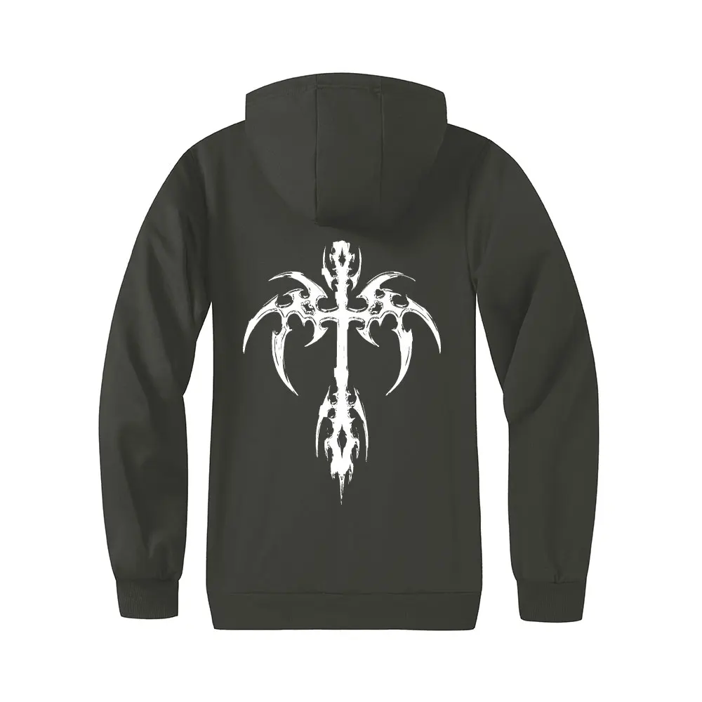 سترة سميكة للرجال بسحاب مبطن بالصوف سترات بغطاء للرأس مطبوعة بأجنحة متقاطعة مقاومة للرياح للخريف والشتاء سترة بقلنسوة #2