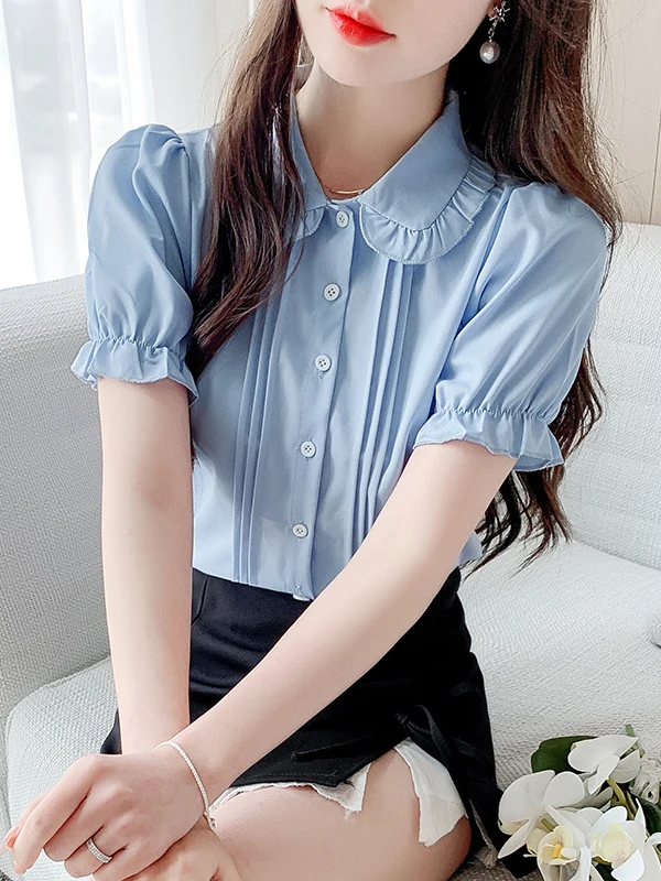 

Милый топ с воротником-стойкой и рукавами-фонариками для женщин, летняя новинка, омолаживающий эффект, модный, стильный, для создания непринужденного образа.