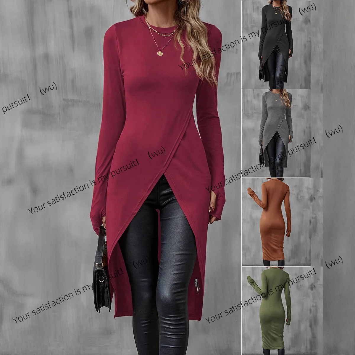 

European and American basic T-shirt lengthened literary and retro design women's clothing crew neck