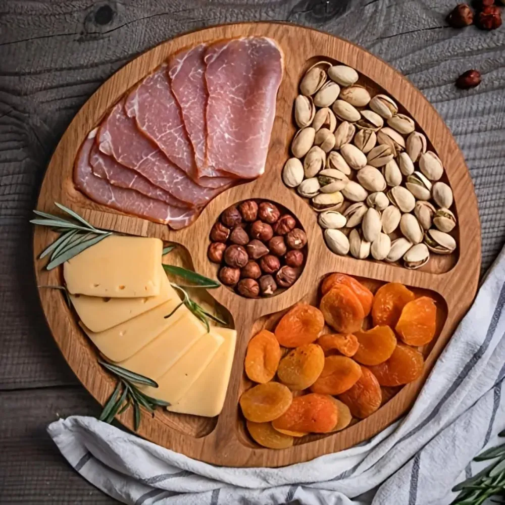 

Cheese Board 5 Compartments Round Snack Plate 20/25/30cm Appetizer Tray Divided Serving Trays Bamboo Fruit Platter Dessert