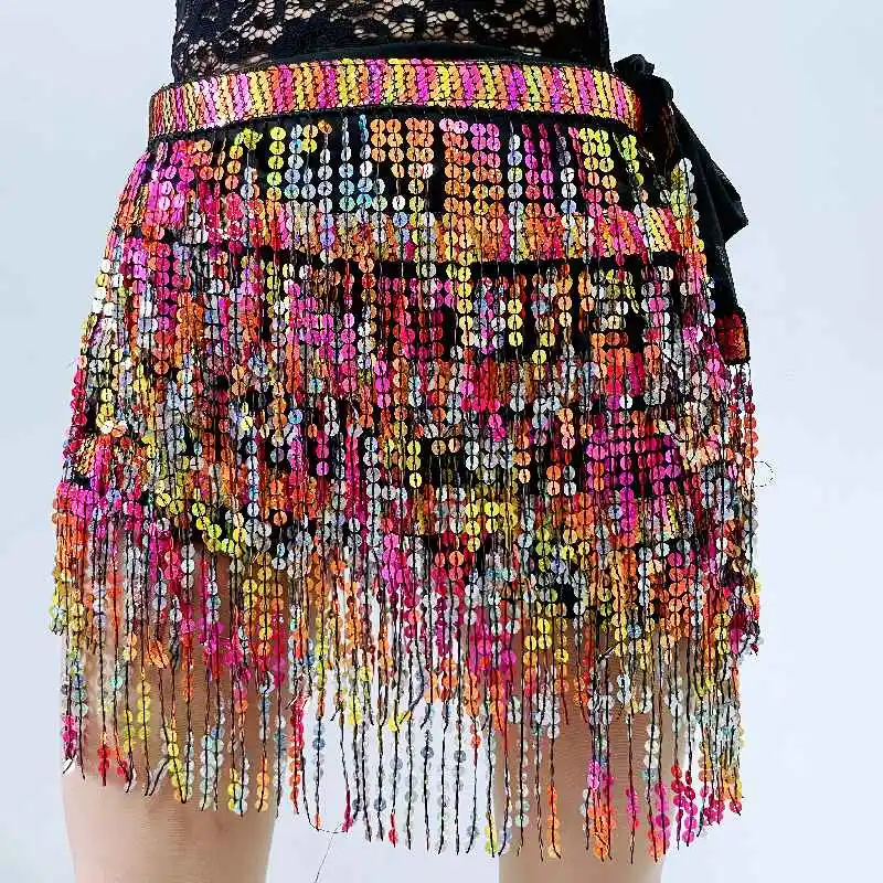 Cintura con frange di danza del ventre sciarpa con paillettes vestito da Festival gonna da ballerina multicolore abbigliamento da spiaggia vestito Rave discoteca Sexy