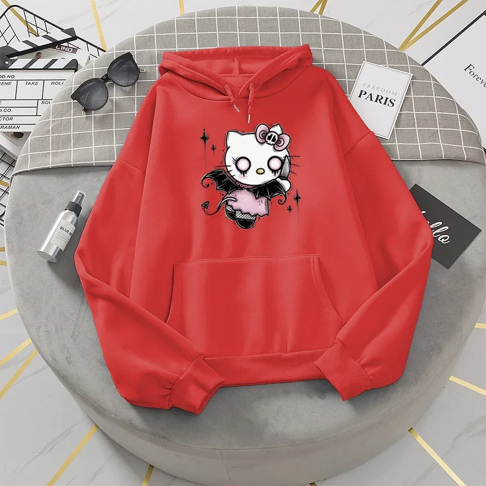 Suéter con capucha con patrón de gato Kawaii para mujer, sudaderas con capucha lindas de manga larga, Tops holgados de gran tamaño, abrigo para