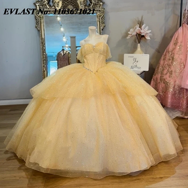 فستان Quinceanera أصفر مخصص من EVLAST فستان حفلة لامع مزين بالدانتيل مطرز بالخرز بفيونكة متدرجة حلوة 16 فيستدوس دي أنوس SQ379