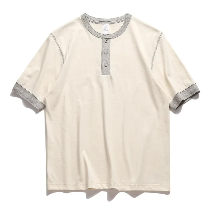 Three Needle American Retro Heavy T-shirt Men's Amikaji Pure Cotton Tube Weaving T-shirt Henry Collar Unisex Short Sleeved Shirt