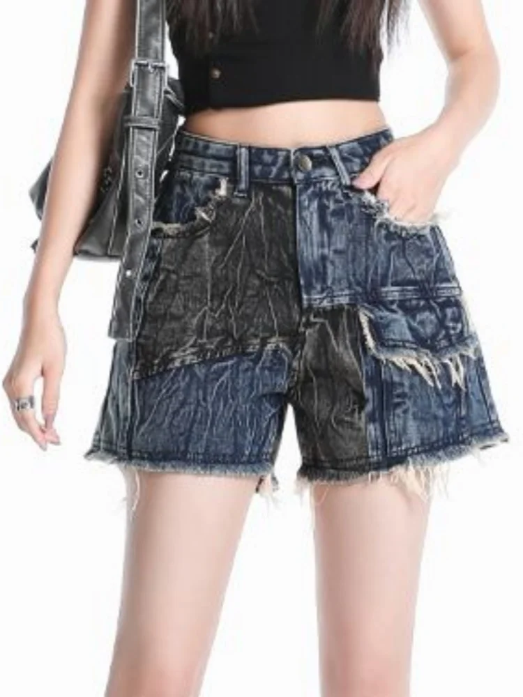 Neue Sommer Spicy Girl Patchwork Design Hohe Taille Quasten Denim Shorts frauen Schlank A-linie Breite Bein Hot Pants