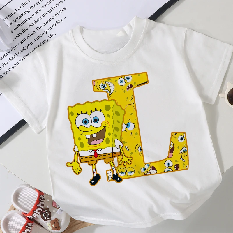 New Spongebob Children T-shirts Kawaii Cartoon Letter Graphic T-shirt Kids Casual Sporty Short Sleeves Tops Summer Girl Clothes