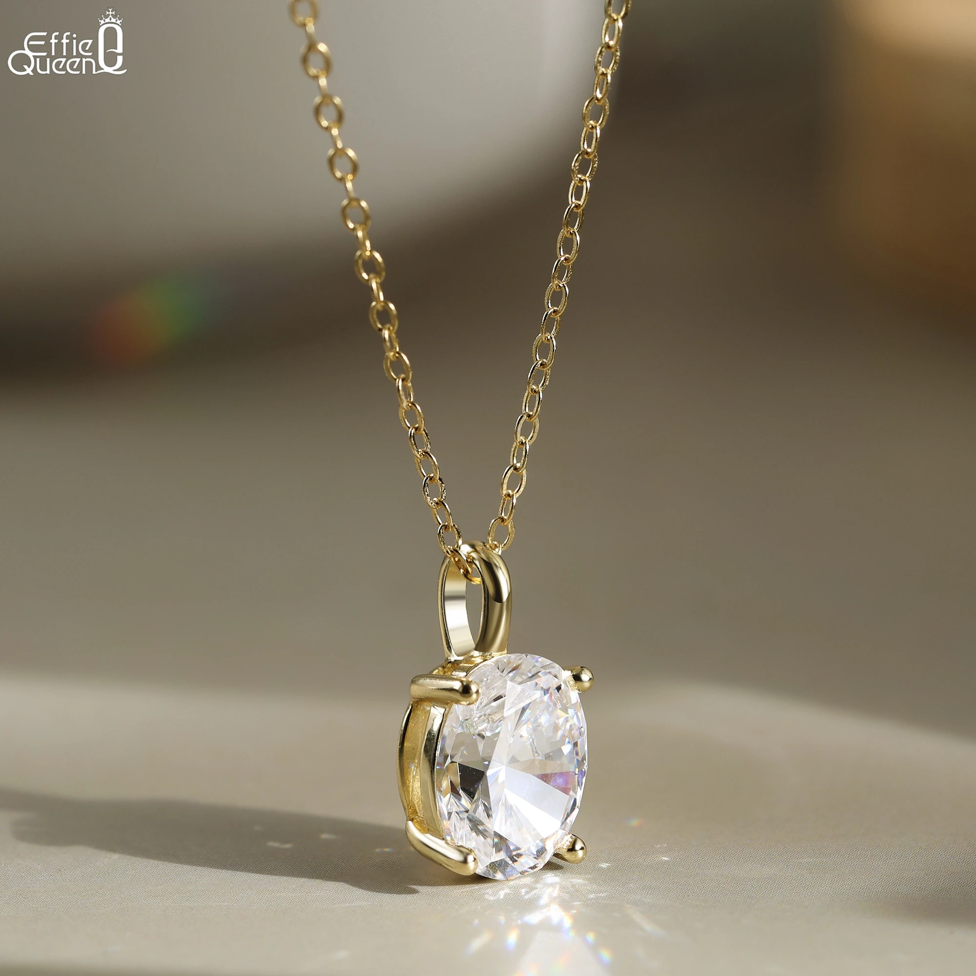

Effie Queen Genuine 925 Silver 14k Gold 1/2/3CT Oval Cut Zirconia Pendant Necklace Simple Jewelry for Women Wedding Party LZN22