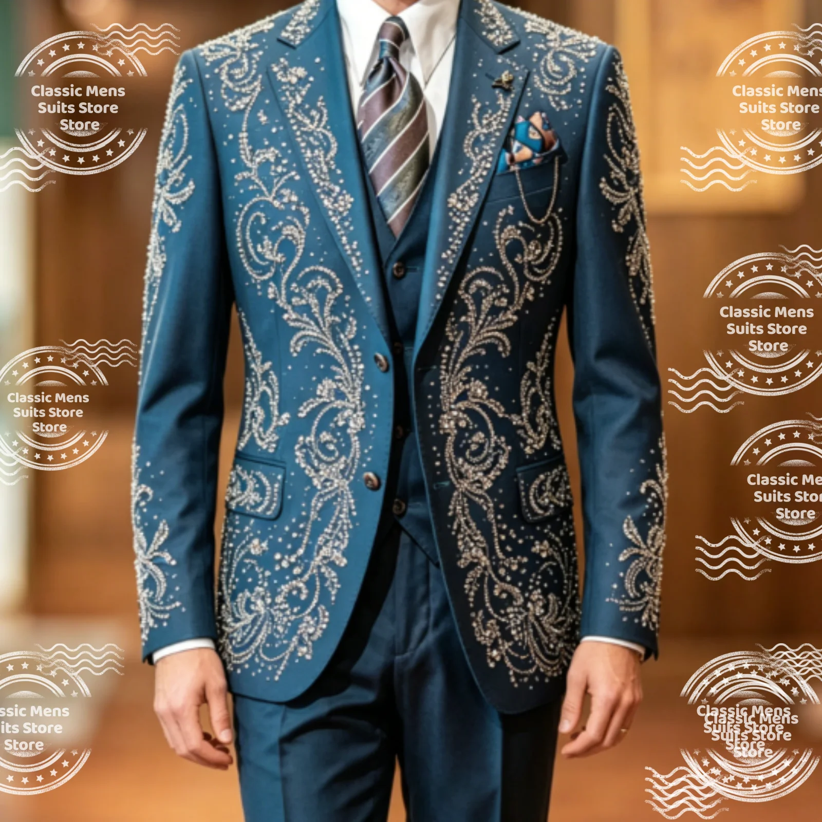 

Мужской костюм с индивидуальной вышивкой из пайеток и кристаллов, 3 предмета, изысканная вышивка, модные приталенные свадебные смокинги для жениха, мужская одежда.