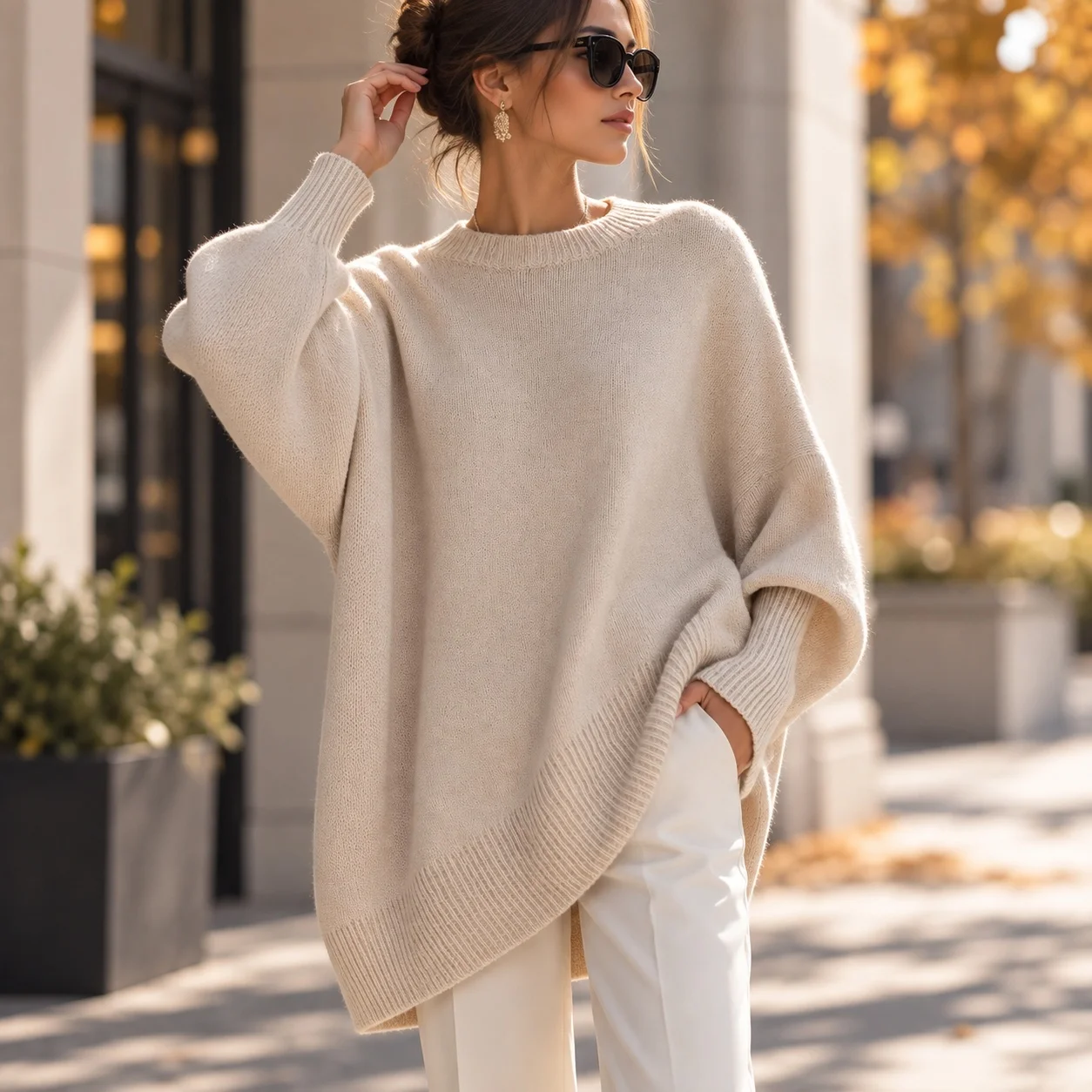 Pullover Sweater Loose Fit Casual with Drop Shoulder Autumn Regular Length Long Sleeve Commuter Round Neck Thick Women Sweater