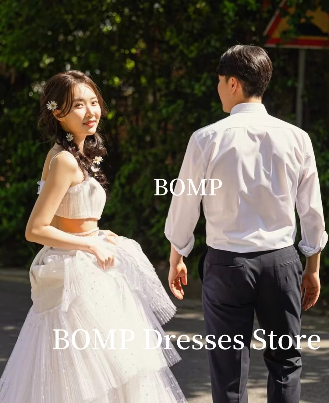 BOMP 2PCS Lovely Wedding Dress Spaghetti Strap A-Line Floor Length Bridal Gowns Korea Photo Shoot Customized