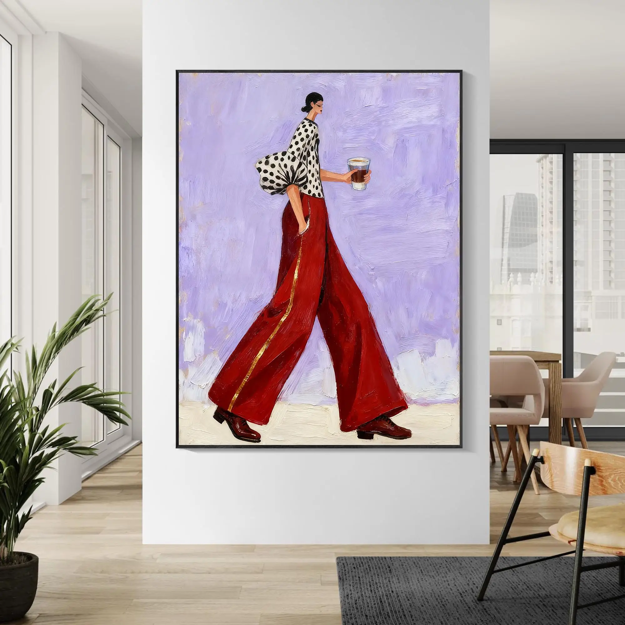 Modern and stylish poster,A woman drinking coffee,embodying the confident charm of a modern urban woman,Suitable for home decor.