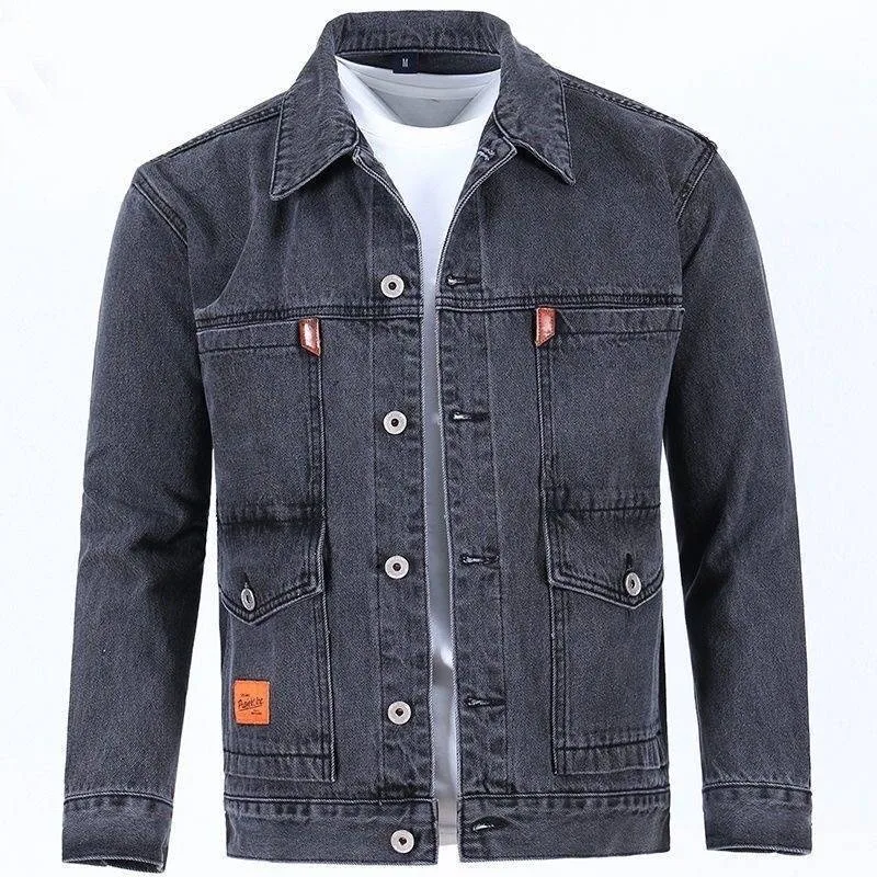 High-End Men's Denim Jacket with Multiple Pockets Wear-Resistant Workwear Black Grey Spring Autumn New Arrival Outerwear