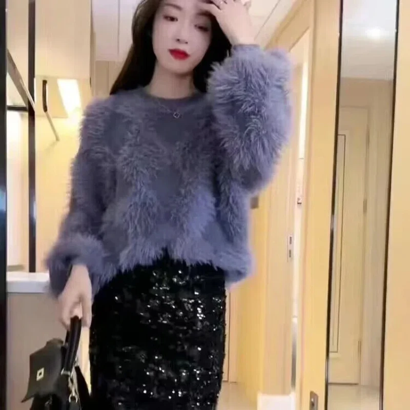 Gentle Stylish Milk New Year Outfit Purple Faux Mink Fur for Autumn Winter High-end and Explosive Soft Fluffy Knitted Sweater