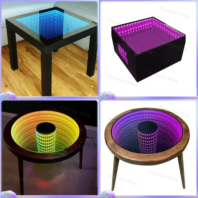 

Modern Black Stainless Steel Bar Table for Home Pub KTV Nightclub Dining Room Luminous LED Infinite Mirror Cocktail Table