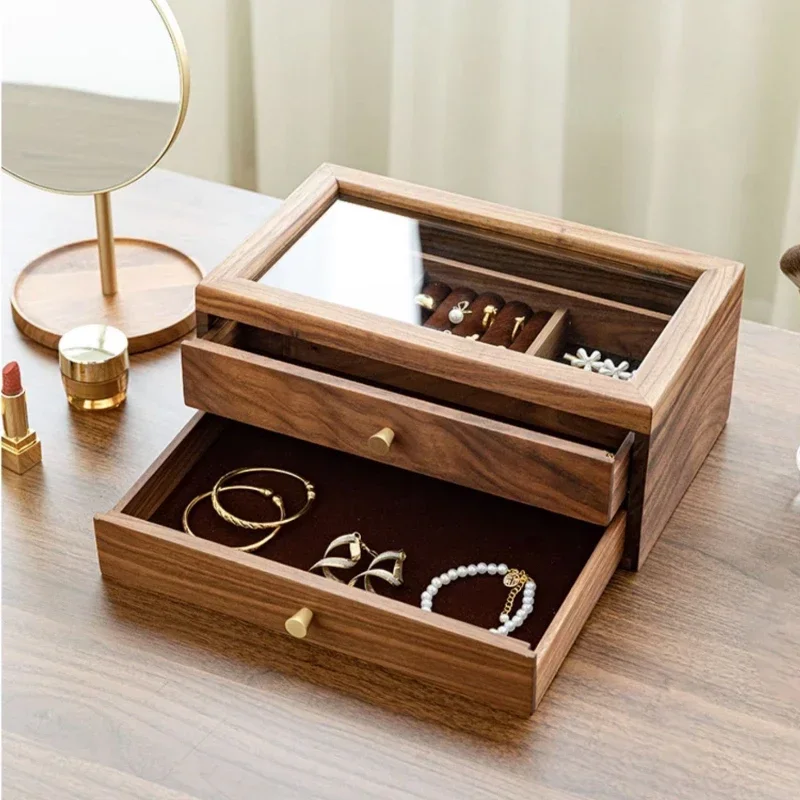 Exquisite Jewelry Box High-Grade Black Walnut Storage Boxes Lattice Classification Makeup Organizer with Visual Window