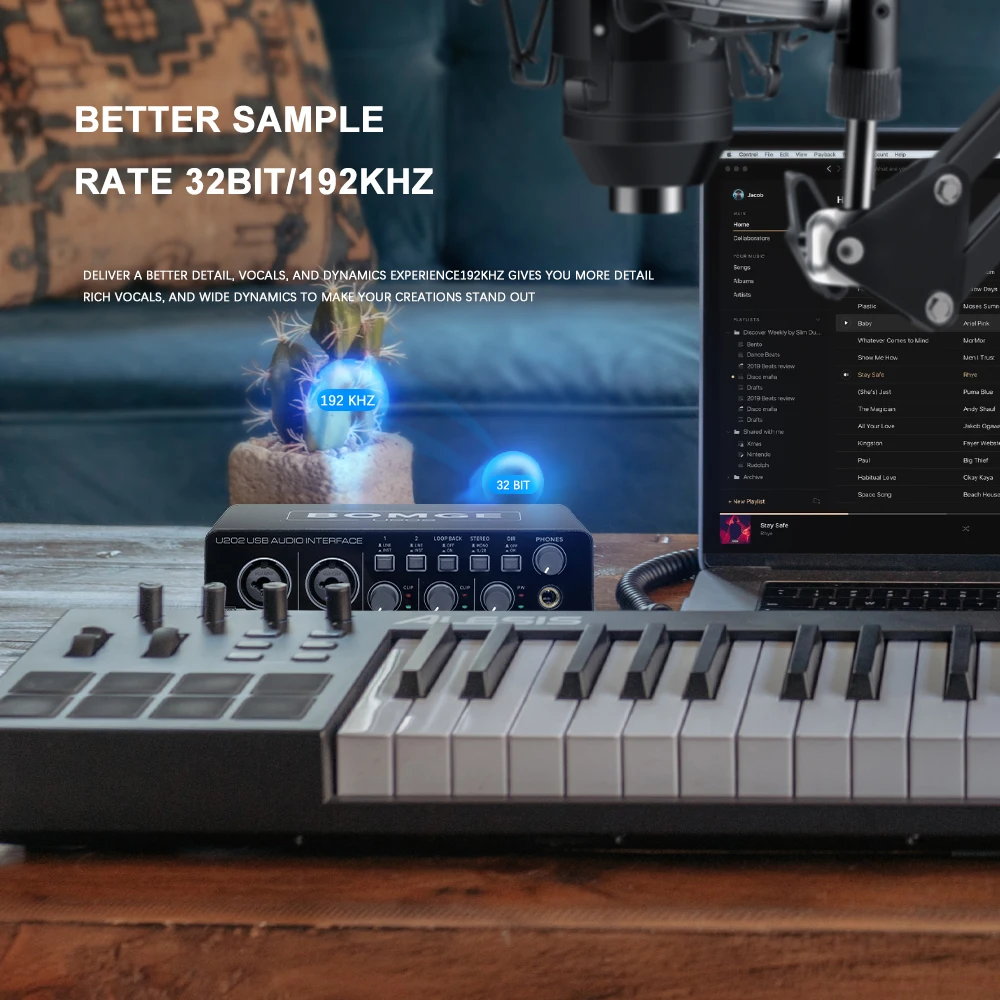 واجهة صوت USB BOMGE U202 مع منافذ Micro Preamplifier XLR/TSR/TS، دقة 48 فولت، 32 بت/192 كيلو هرتز لتسجيل الكمبيوتر والبودكاست