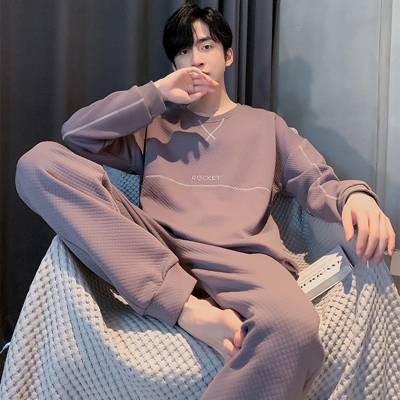 O-Neck laminated air cotton pajamas men autumn and winter thick long-sleeved home service male warm big yards thin quilted suit