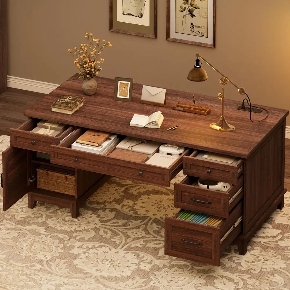 

Executive Desk with ile Ders, armhouse Home Oice Desk with Charging Station, 60 in Wooden Computer Desk with Cabinet Storage or