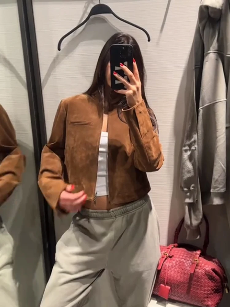 

Vintage Women's Stand Collar Suede Jacket Zipper Full Sleeve Brown Short Coats 2025 Autumn Winter Lady High Street Outwear