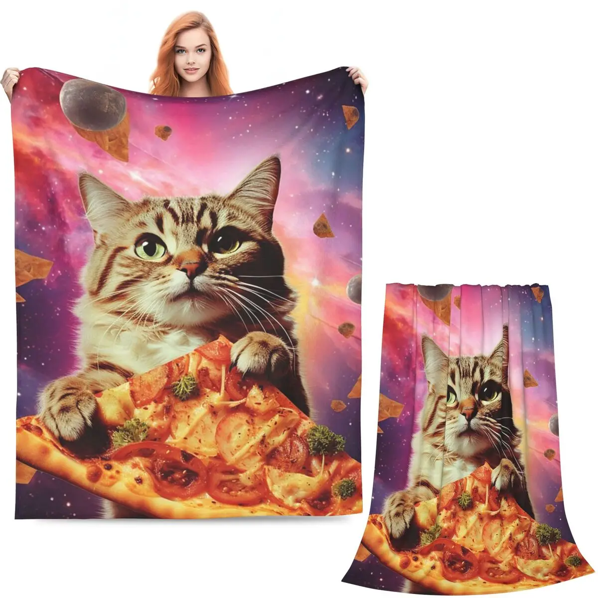 Meme Cat Galaxy Space Pizza Junk Food Blanket Soft Warm Flannel Throw Blanket Cover for Bed Living room Picnic Travel Home Sofa