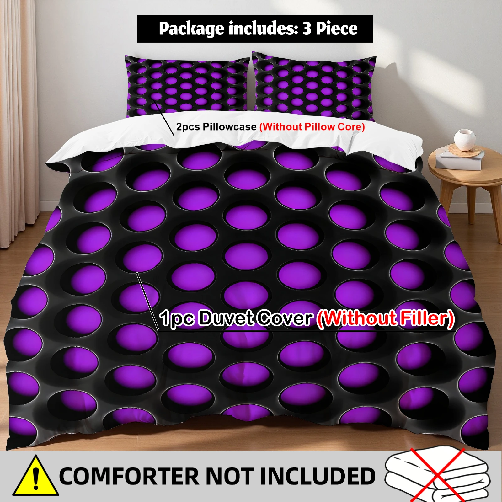 

Комплект постельного белья Edgy 3D Polka Dot Duvet Cover Set, 3 предмета, фиолетово-черный, с принтом в стиле стритвир, 2 наволочки, без одеяла, размеры Twin, Queen, King