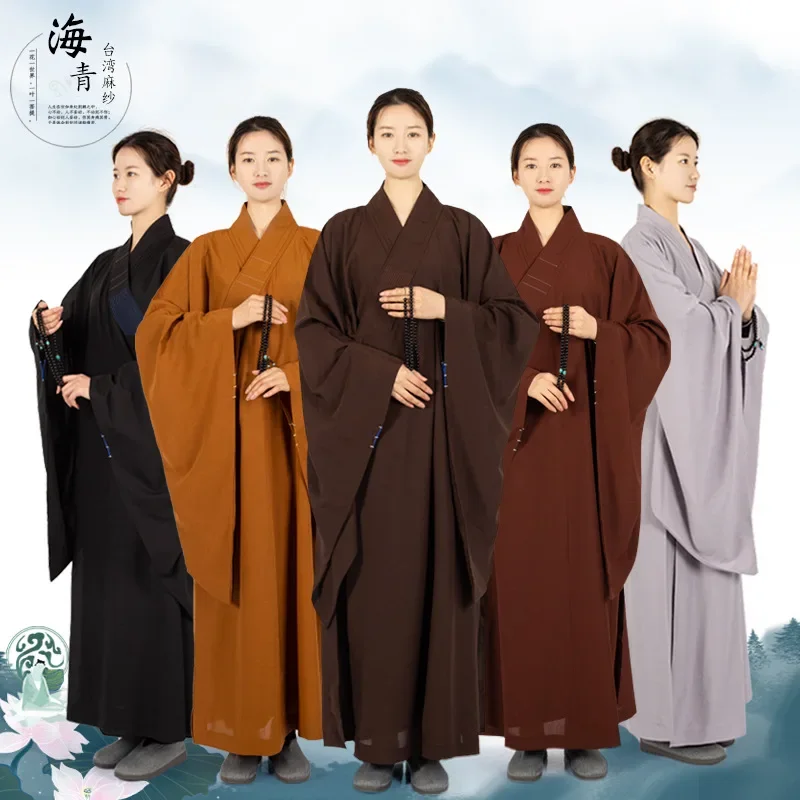 Taiwan Linen Monks Long Robes Gown for Buddhism Haiqing Adults Meditation Clothes Buddhist Monk 7 Colors Confession Clothing