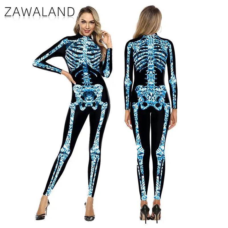 Zawaland Halloween Skeleton Cosplay Costume Women 3D Digital Printing Long Sleeve Bodysuit Stretch Elastic Zentai Rubber Suit