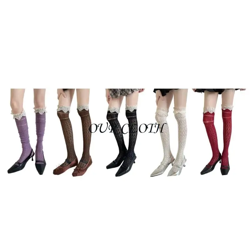 

Thigh High Stockings Mesh Lace Detailing Stretchy Hollowout Over Knee Long Socks Y1AC