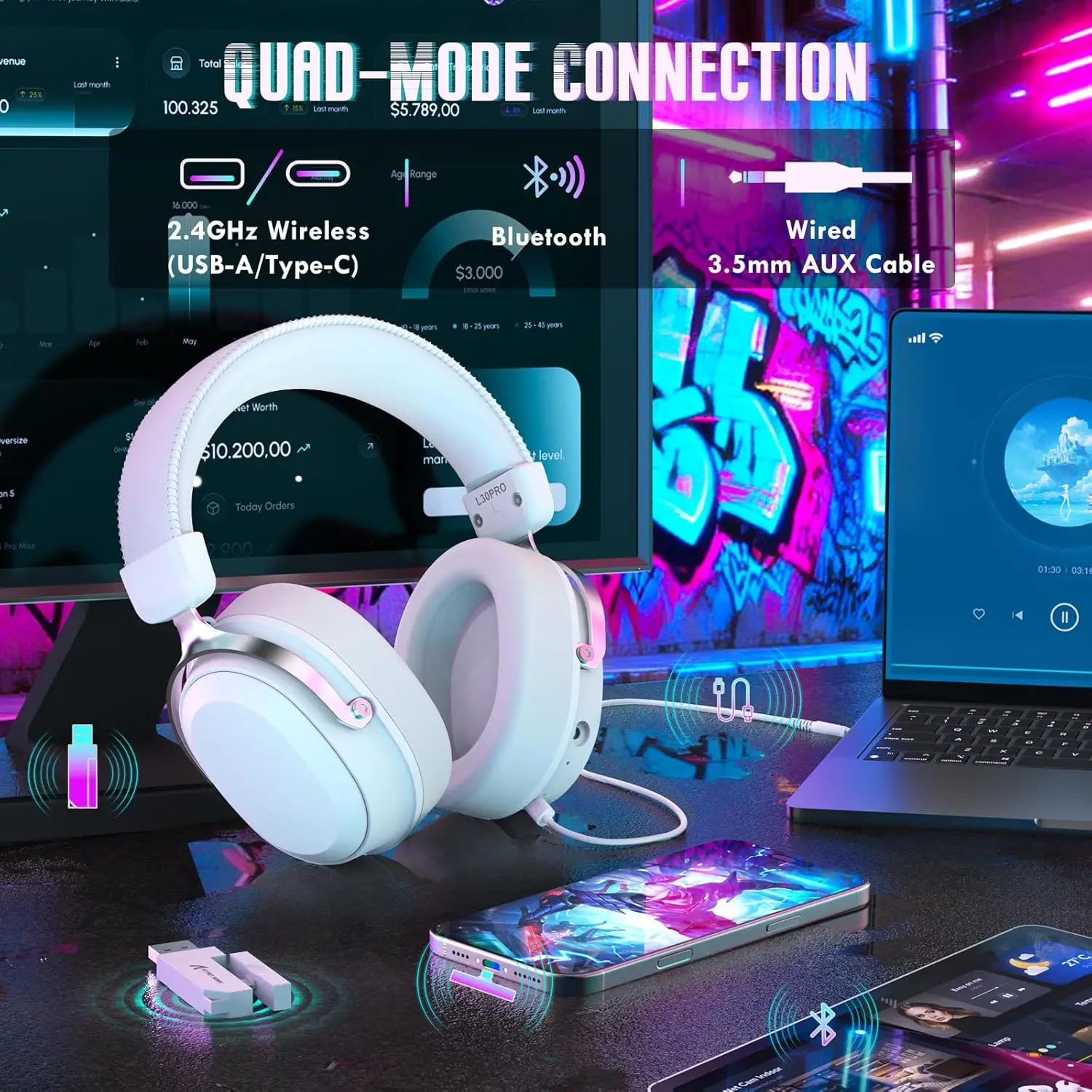 

ATTACK SHARK L30Pro Wireless Gaming Headset ong Battery Life with Detachable Microphone 7.1 Surround Sound Ultra-Low Latency