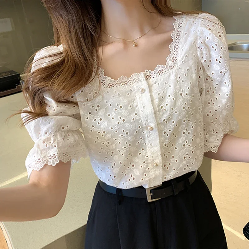 Fashion Elegant Summer Short Sleeve Woman Shirts Square Collar Hollow Out White Blouse Women 2024 Korean Lace Shirt Blusas 13934