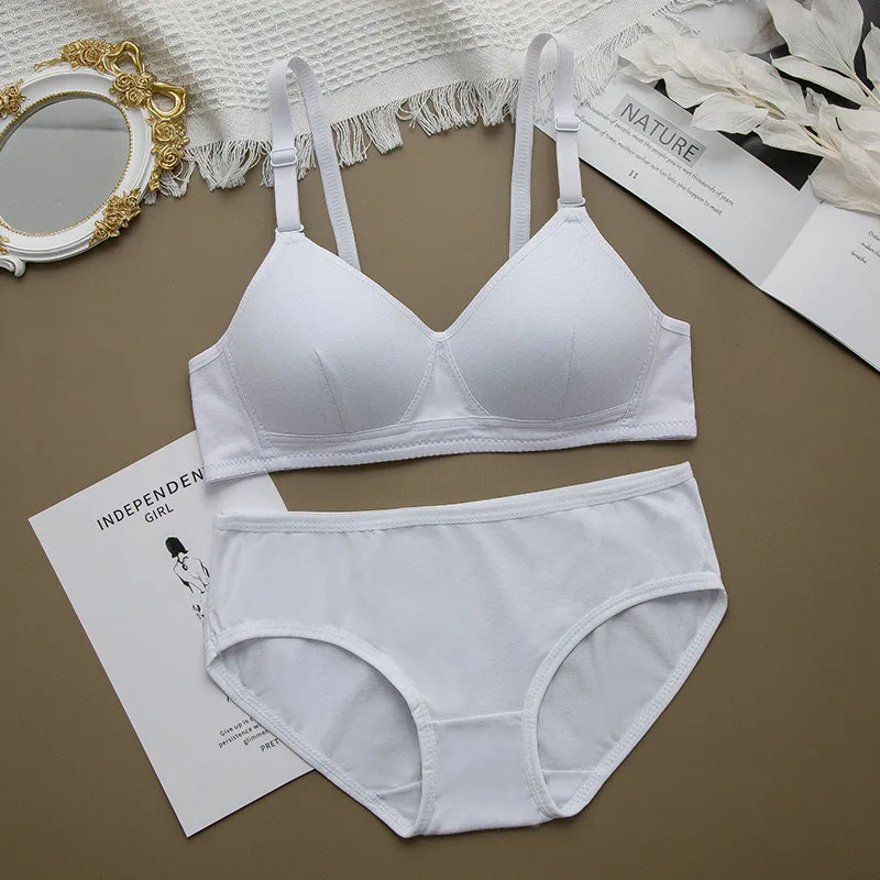 Cotton Wireless Bra Girls Underwear Gather Adjustment Type Student Bra Thin Section Solid Color Puberty Bra Set