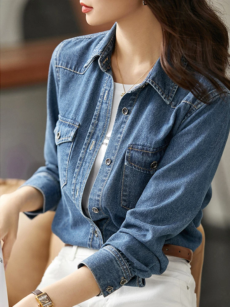 SENTUBILA High Street Denim Shirts Women Ladies Vintage Turn-down Collar Long Sleeve Single Breasted Tops Pockets Shirt Jacket