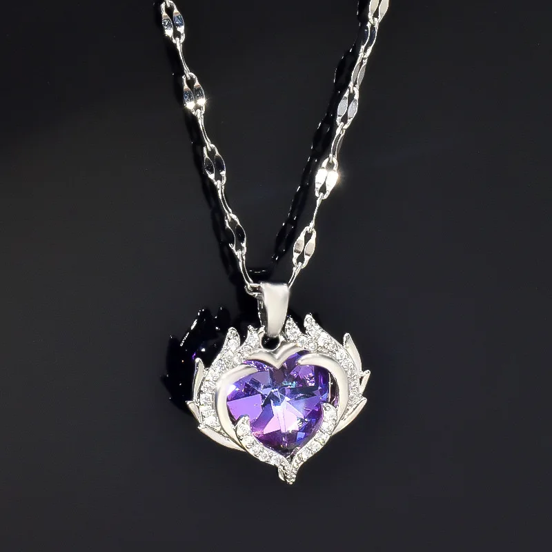 Charm Colorful Crystal Heart of The Sea Pendant Necklace for Women Exquisite Stainless Steel Zircon Chokers Bride Jewelry Gift