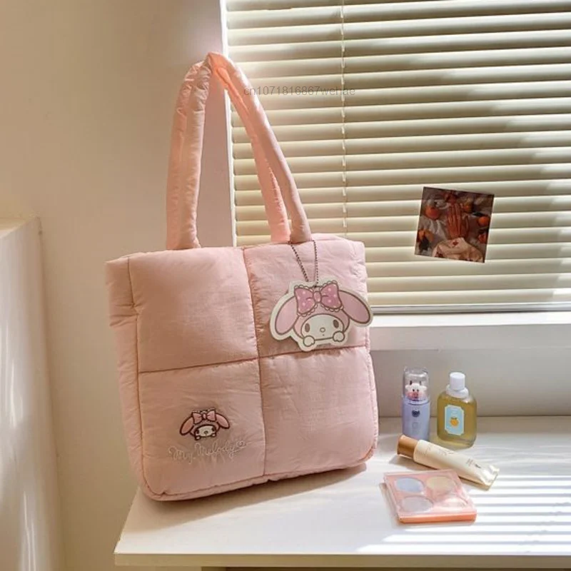 Sanrio Hello Kitty Melody Cinnamoroll Embrioded Down Fabric Tote Bag Y2k Women's New Portable Handbag Cute Makeup Bag Lunch Bag