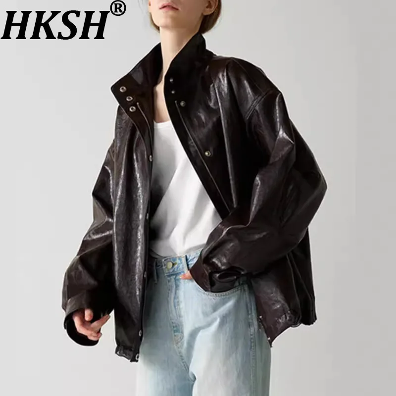 

HKSH Autumn New Women Jacket Faux Leather Stand Collar Zipper Pockets Punk Techwear Streetwear Stylish Casual Chic Coats HK11367
