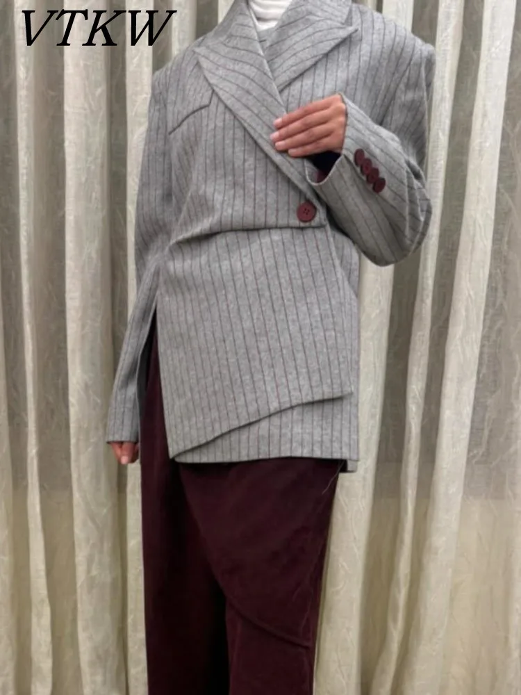 

VTKW V-neck Single-button Striped Design 2025 Spring New Women's Blazer - High-quality Fitted And Loose-fit Business Coat