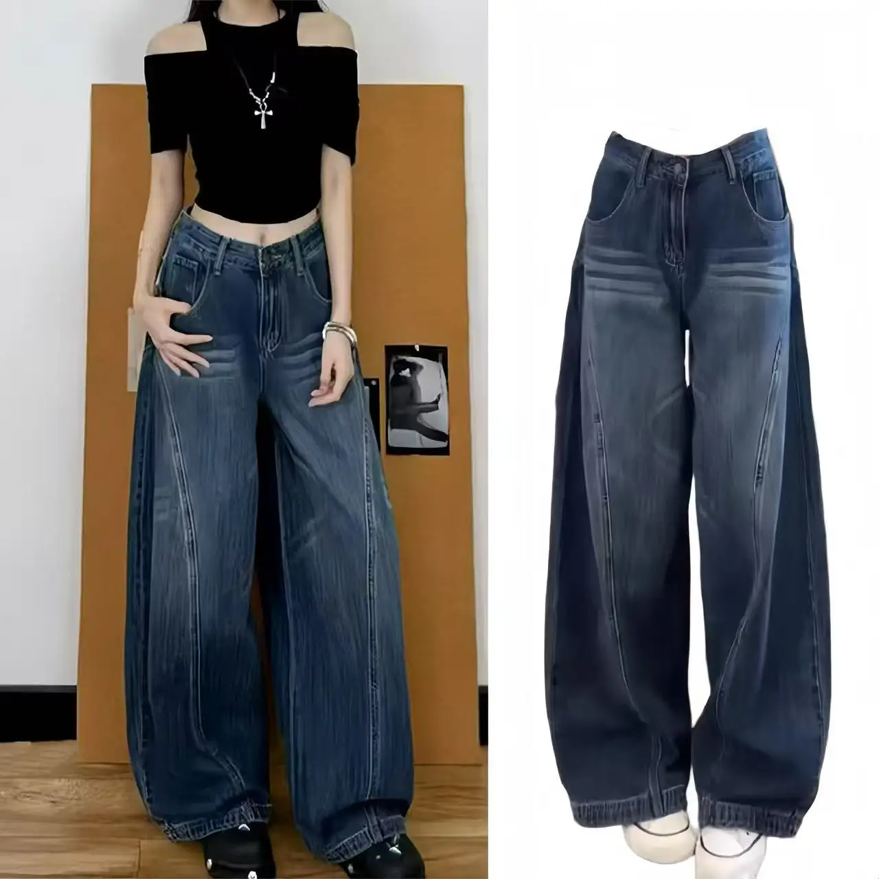 

Американские ретро-джинсы с высокой талией и широкими штанинами для женщин, осенняя новинка, свободные прямые брюки, длинные, для повседневной носки, водоотталкивающие