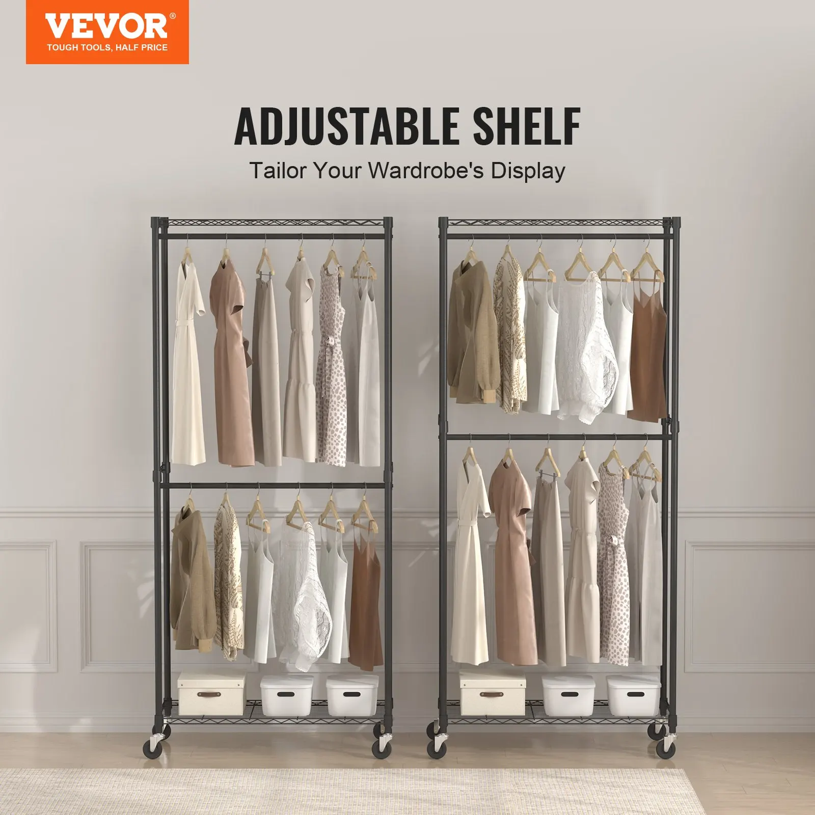 

Heavy Duty Clothes Rack, Double Hanging Rods Clothing Garment Rack With Bottom And Top Storage Tier, Rolling Clothing Rack