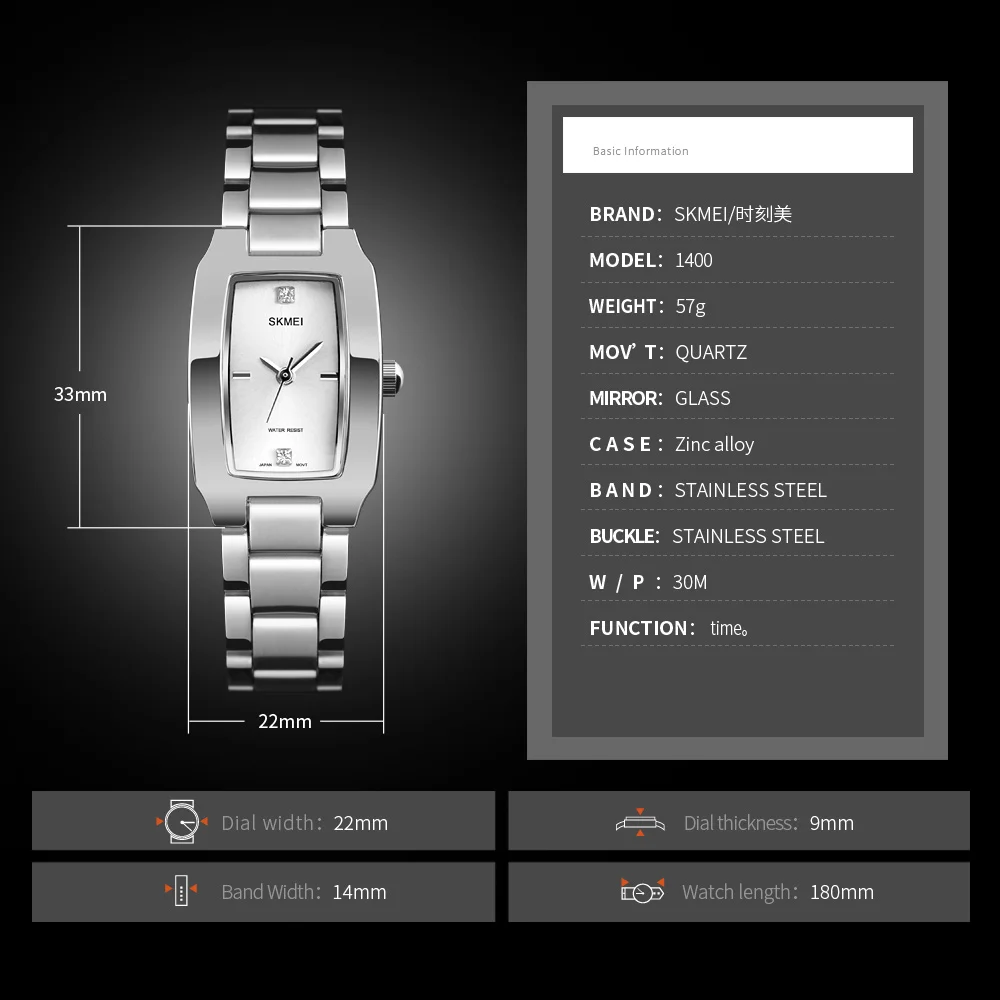 Женские кварцевые часы SKMEI 1400 года, модные тонкие часы, женское Повседневное платье, роскошное серебристое женское строгое водонепроницаемое