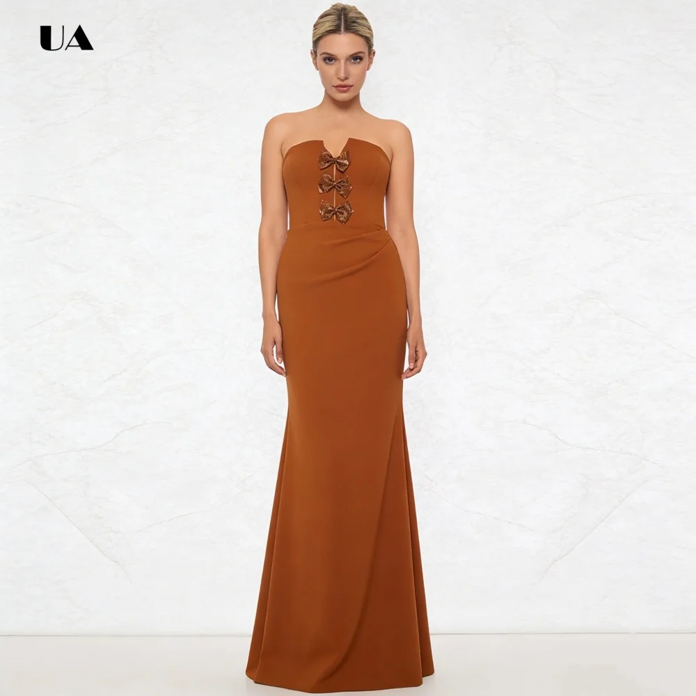 Vestido de fiesta de sirena sin tirantes con tres lazos de terciopelo, vestidos de noche Spendex sólidos para mujer, elegante vestido de fiesta personalizado