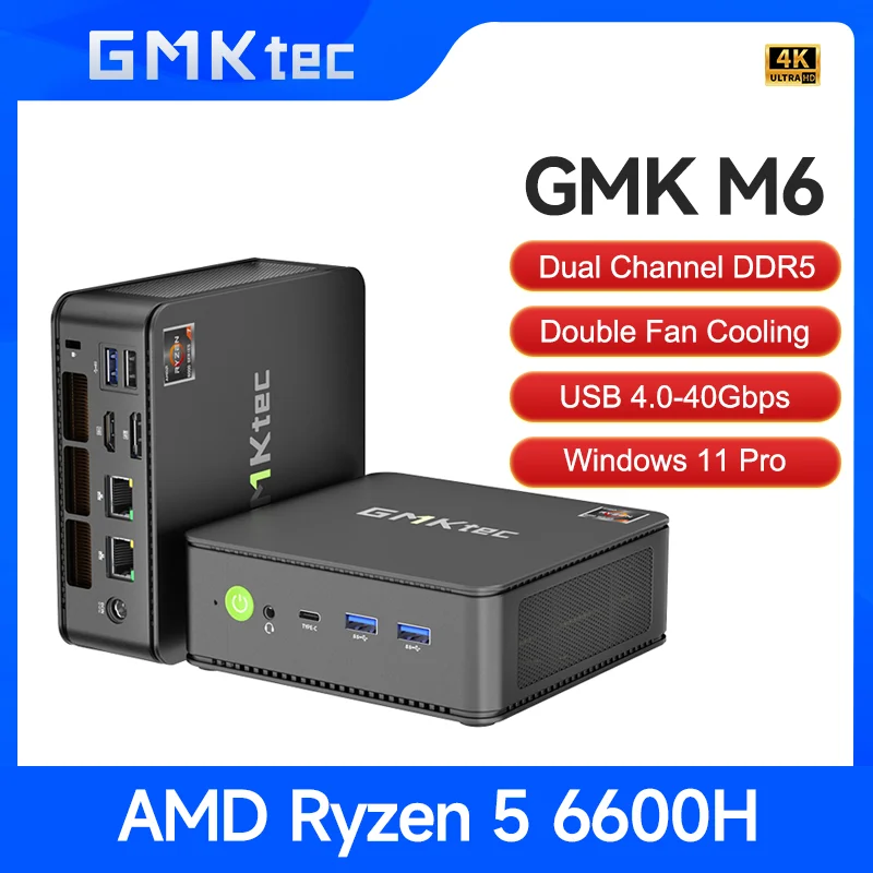 GMKtec 미니 PC M6 AMD Ryzen5 6600H NUCBOX AMD Radeon™윈도우 11 프로 와이파이 6E USBC 4.0, 660M 