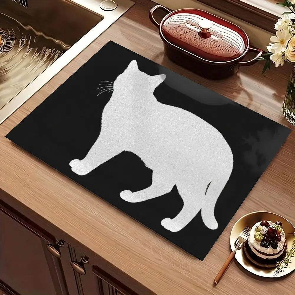 Tapis de table minimaliste avec silhouette de chat blanc, super absorbant, pour comptoir de cafetière, séchage rapide, résistant à la chaleur, dessous de verre de cuisine.