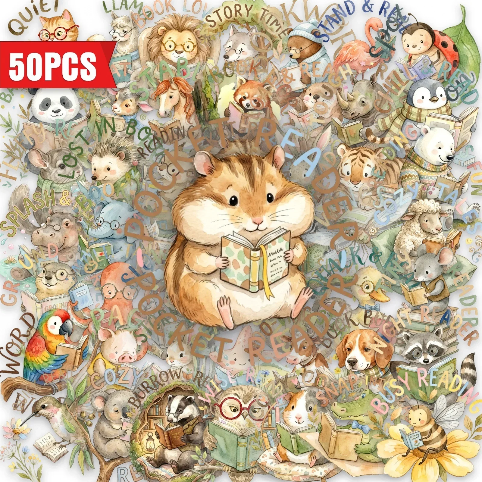 

50 Sheets New Style Animal Reading Watercolor PET Transparent Stickers, DIY Journal Decorative Stickers