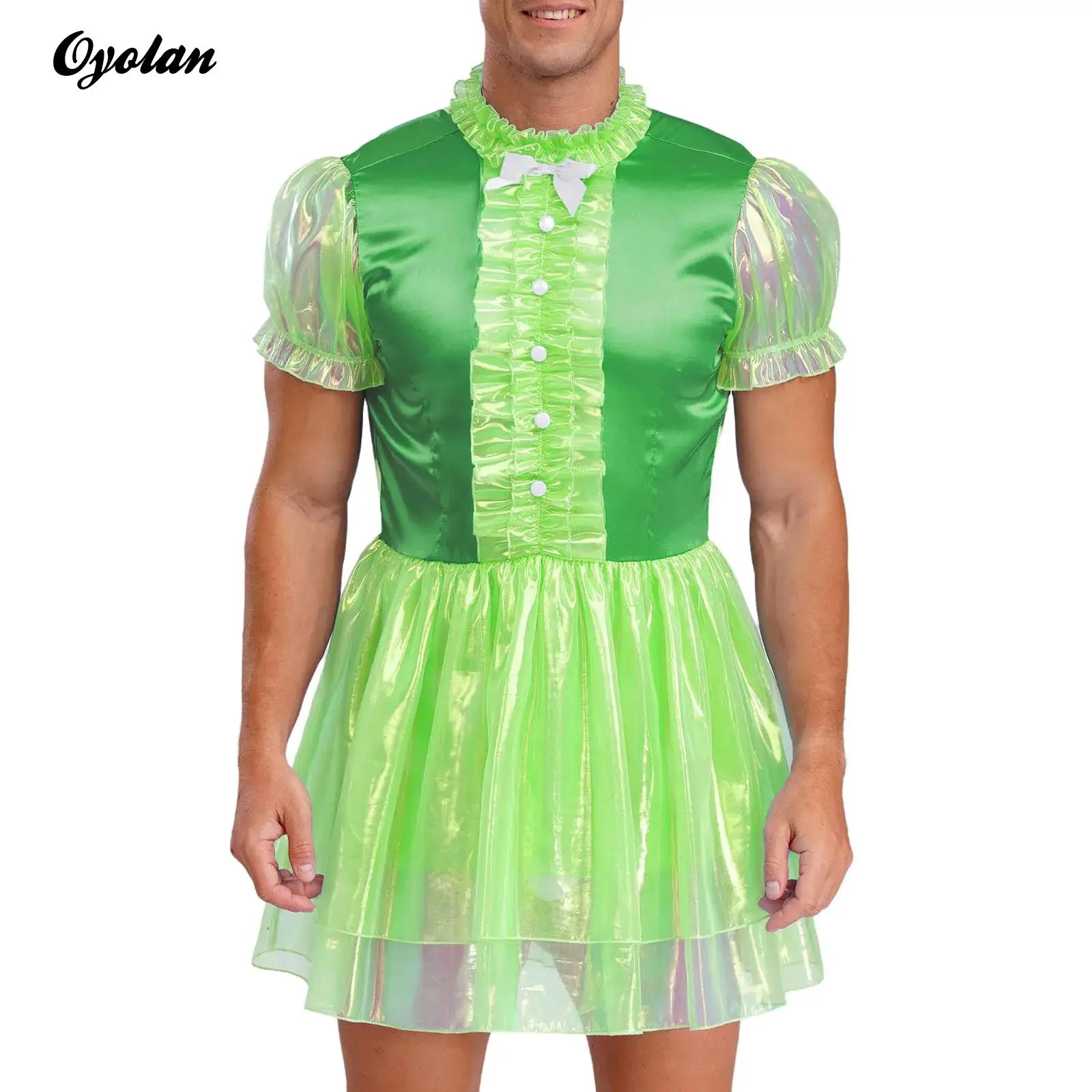 

Mens Sissy Crossdress Fairy Tale Anime Cosplay Costume Sissy Maid Servant Ruffled Dress Puff Sleeve Bow Sparkly Puffy Dress