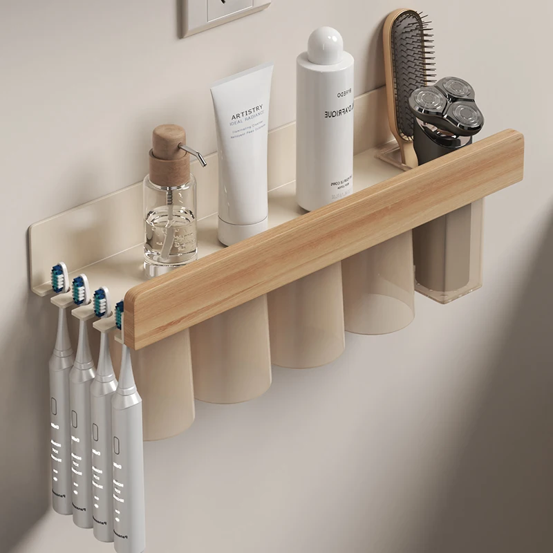 

Japanese Wooden Toothbrush Holder - Wall Mounted Cup Rack for Electric Toothbrushes, No Drill Bathroom Storage, Bamboo Organizer