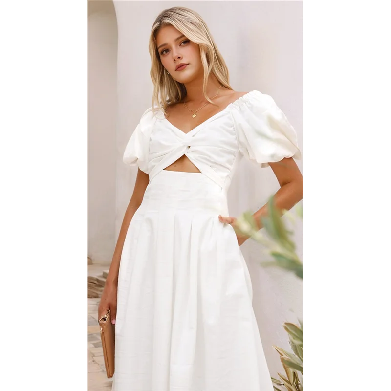 ABP-فستان نسائي صيفي بوهو ماكسي برقبة على شكل حرف V وأكمام قصيرة على شكل حرف a فستان طويل مع جيب