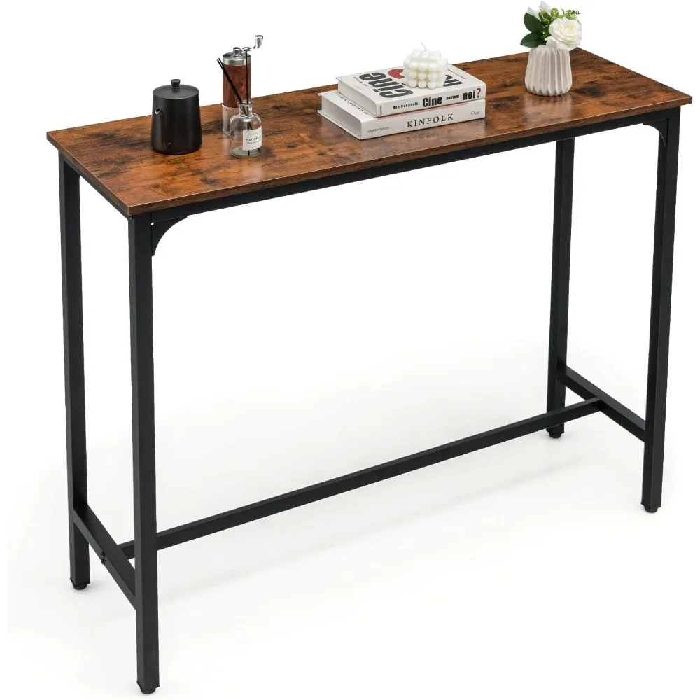 

48 Narrow Console Table, Rectangular Kitchen Dining Tables w/Steel Frame, Adjustable Feet, Pub Counter Height Tables