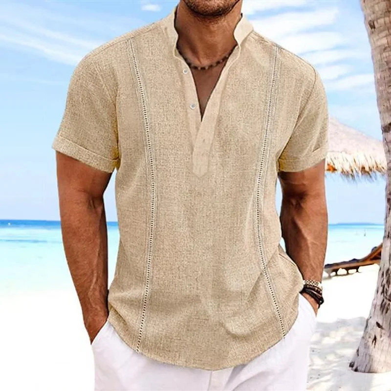 Men's stand collar solid color Cuban cotton hemp beach pullover short-sleeved, slim-fit quick dry suction Han-white sports men's