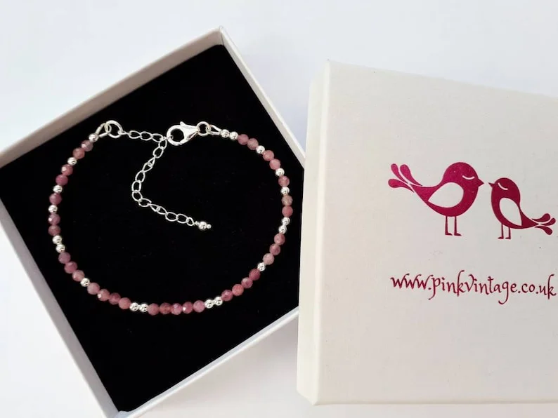 Pink tourmaline bracelet sterling silver with optional personalised heart tag. October birthstone gift.